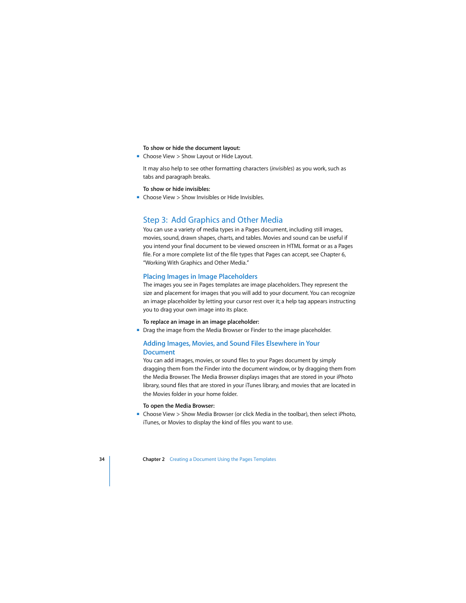 Step 3: add graphics and other media, Placing images in image placeholders | Apple Pages User Manual | Page 34 / 192