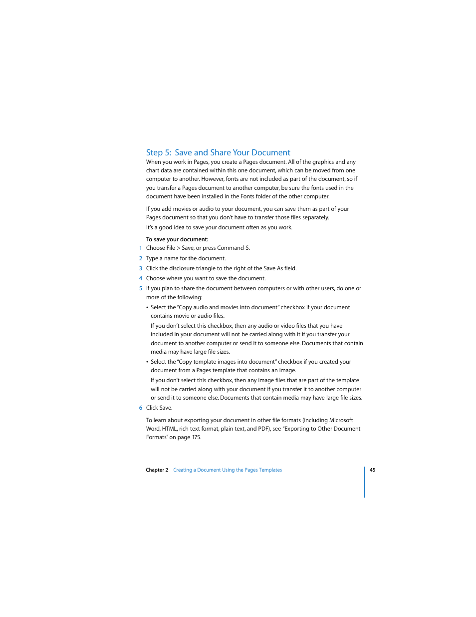 Step 5: save and share your document, And “step 5: save and share your | Apple Pages User Manual | Page 45 / 192