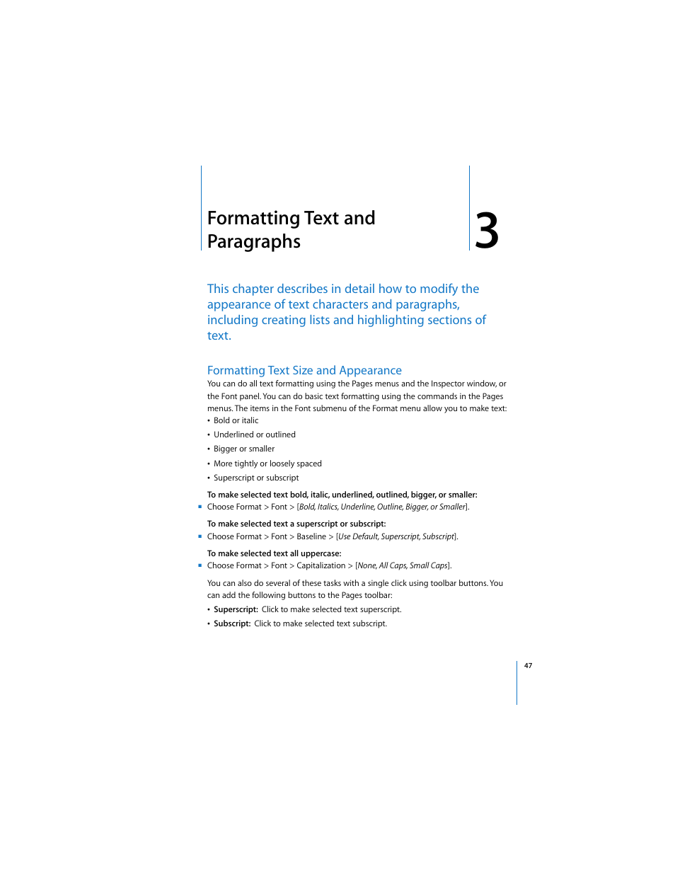 Formatting text and paragraphs, Formatting text size and appearance, Ssed in chapter 3, “formatting text and paragraphs | Apple Pages User Manual | Page 47 / 192