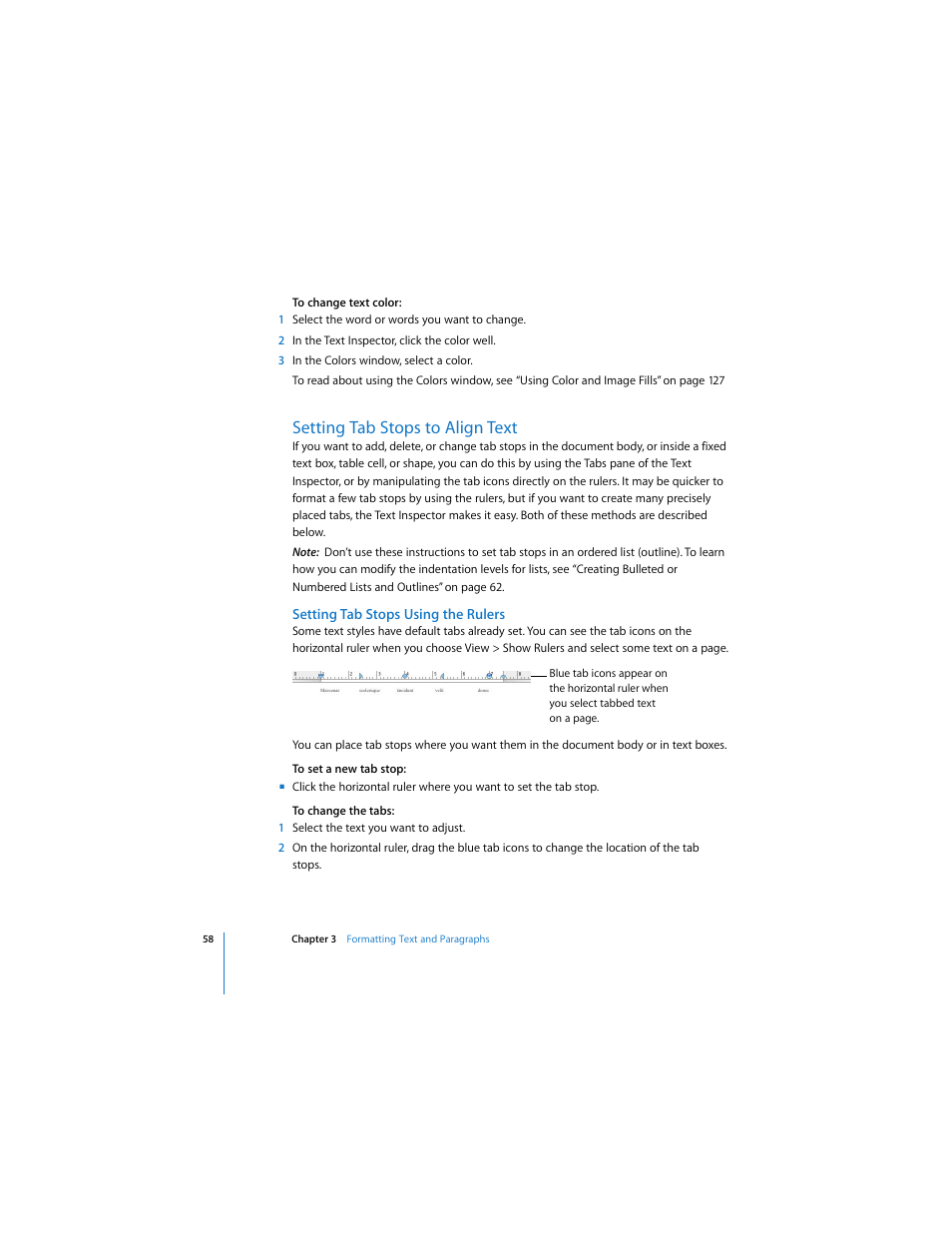 Setting tab stops to align text, Setting tab stops using the rulers, See “setting tab stops to | Apple Pages User Manual | Page 58 / 192