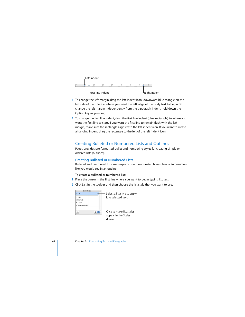 Creating bulleted or numbered lists and outlines, Creating bulleted or numbered lists | Apple Pages User Manual | Page 62 / 192