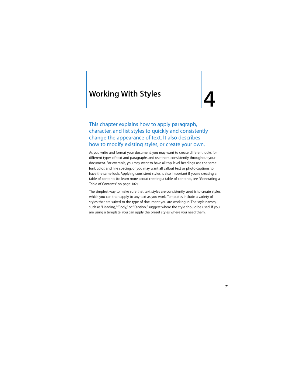 Working with styles, Ee chapter 4, “working with styles | Apple Pages User Manual | Page 71 / 192