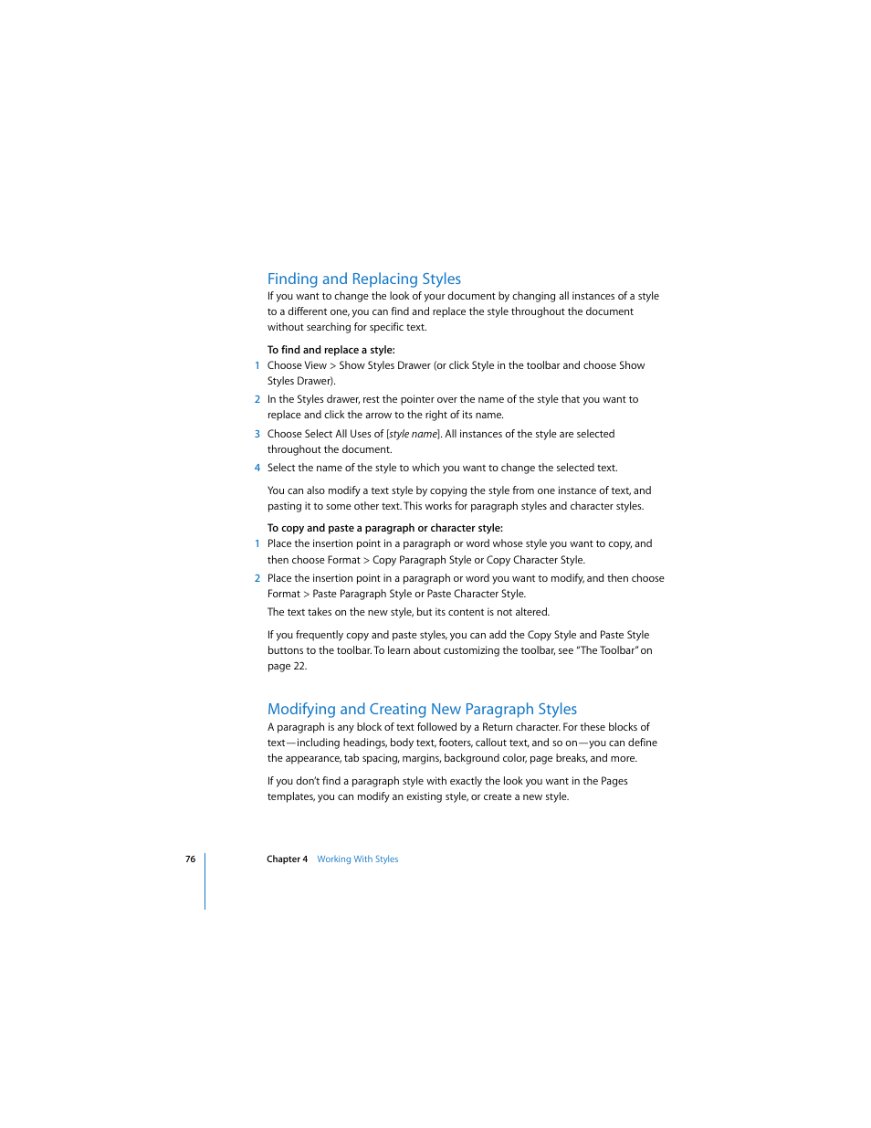 Finding and replacing styles, Modifying and creating new paragraph styles | Apple Pages User Manual | Page 76 / 192