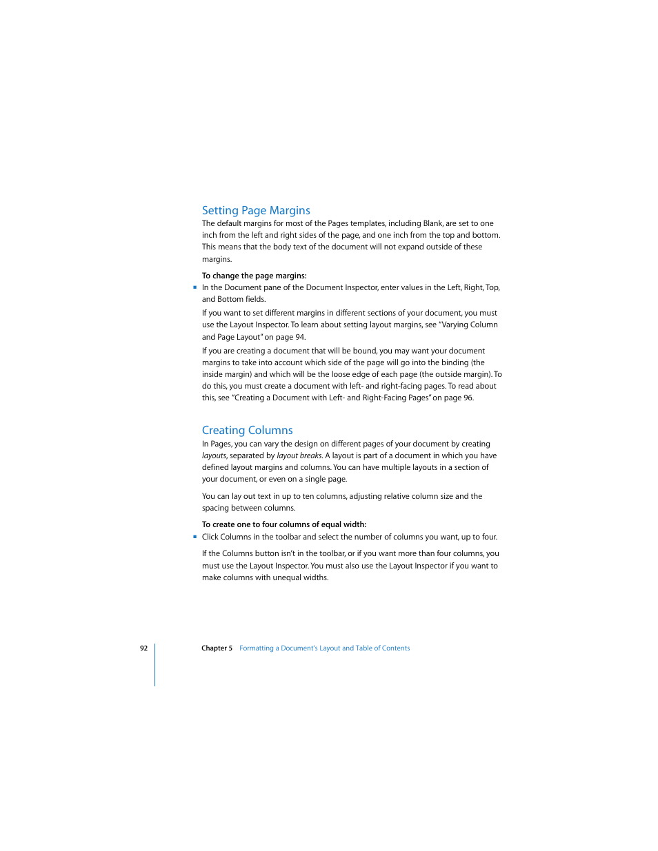 Creating columns, See “creating columns, Setting page margins | Apple Pages User Manual | Page 92 / 192