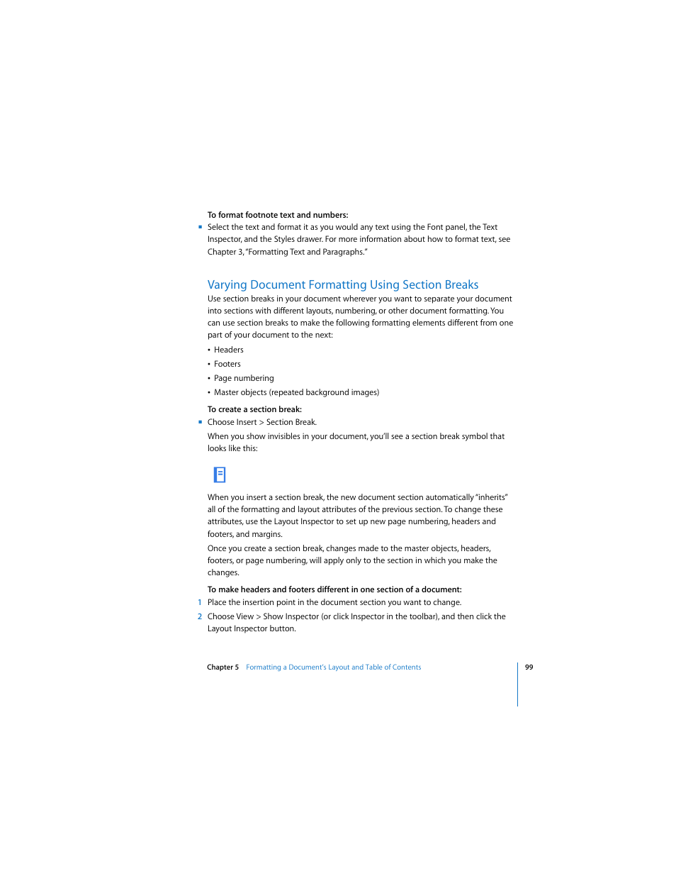 Varying document formatting using section breaks, See “varying document formatting using | Apple Pages User Manual | Page 99 / 192