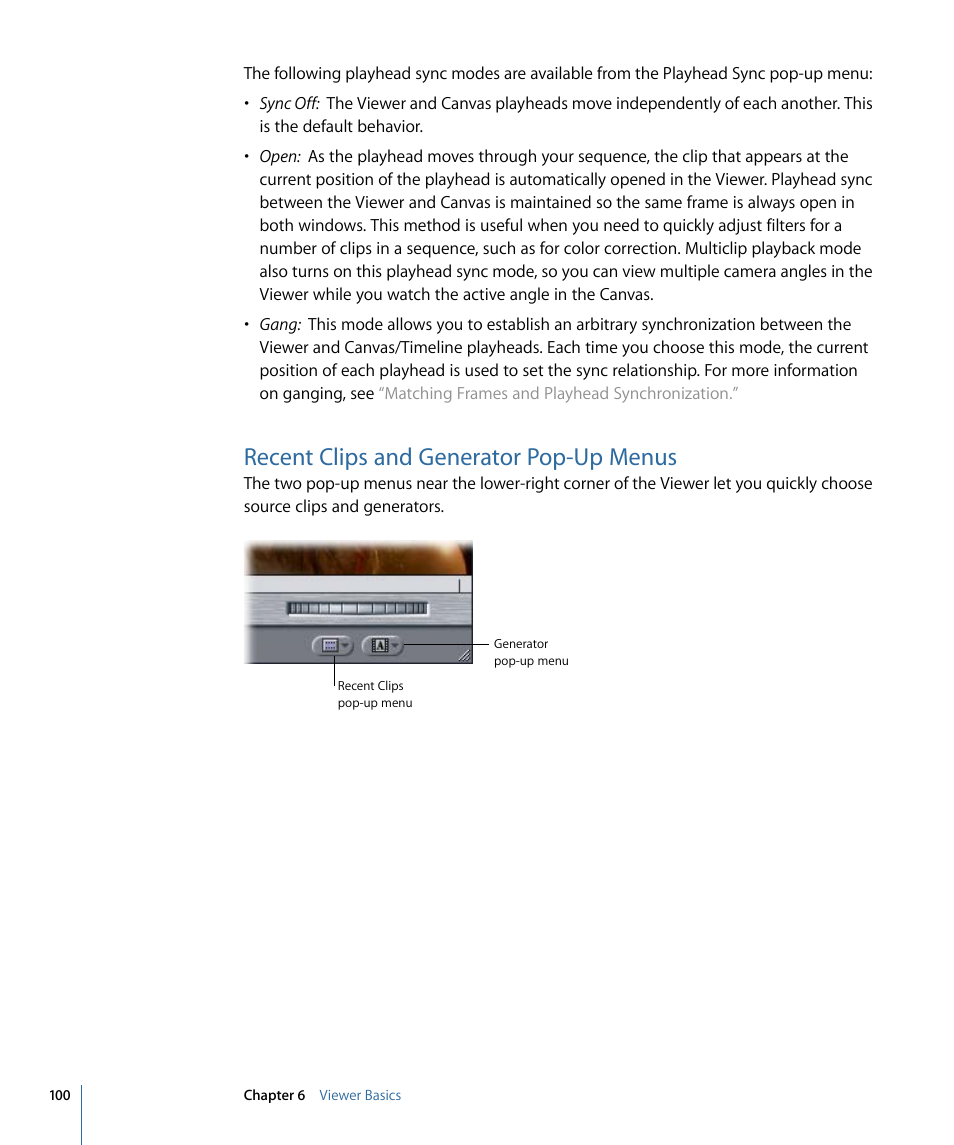 Recent clips and generator pop-up menus | Apple Final Cut Pro 7 User Manual | Page 100 / 1990