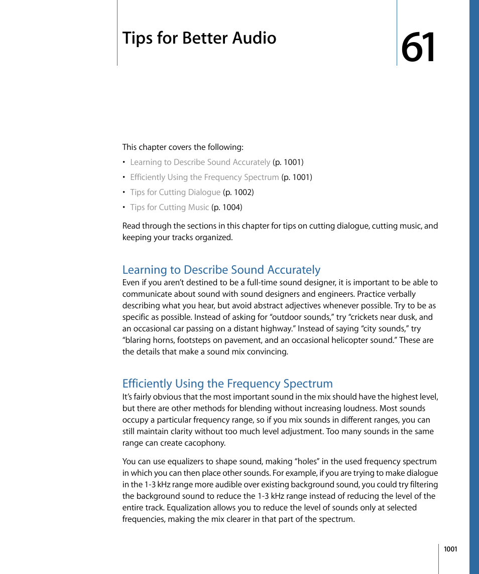 Tips for better audio, Learning to describe sound accurately, Efficiently using the frequency spectrum | Apple Final Cut Pro 7 User Manual | Page 1001 / 1990