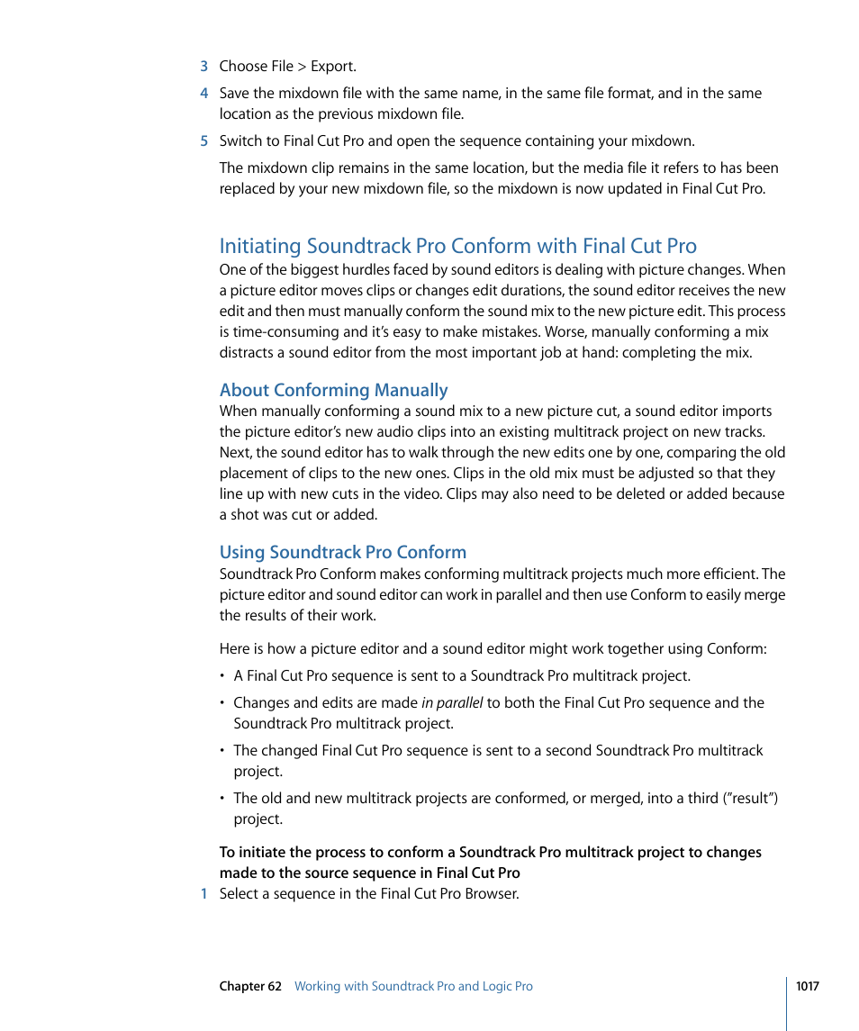 About conforming manually, Using soundtrack pro conform | Apple Final Cut Pro 7 User Manual | Page 1017 / 1990