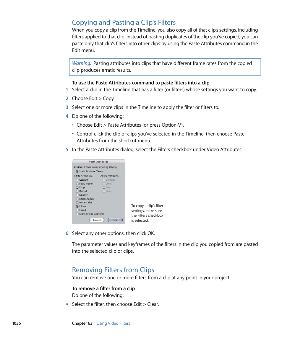 Copying and pasting a clip’s filters, Removing filters from clips | Apple Final Cut Pro 7 User Manual | Page 1036 / 1990