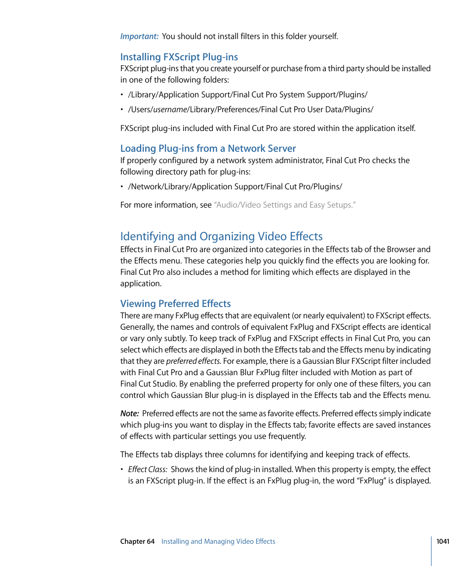 Installing fxscript plug-ins, Loading plug-ins from a network server, Identifying and organizing video effects | Viewing preferred effects | Apple Final Cut Pro 7 User Manual | Page 1041 / 1990