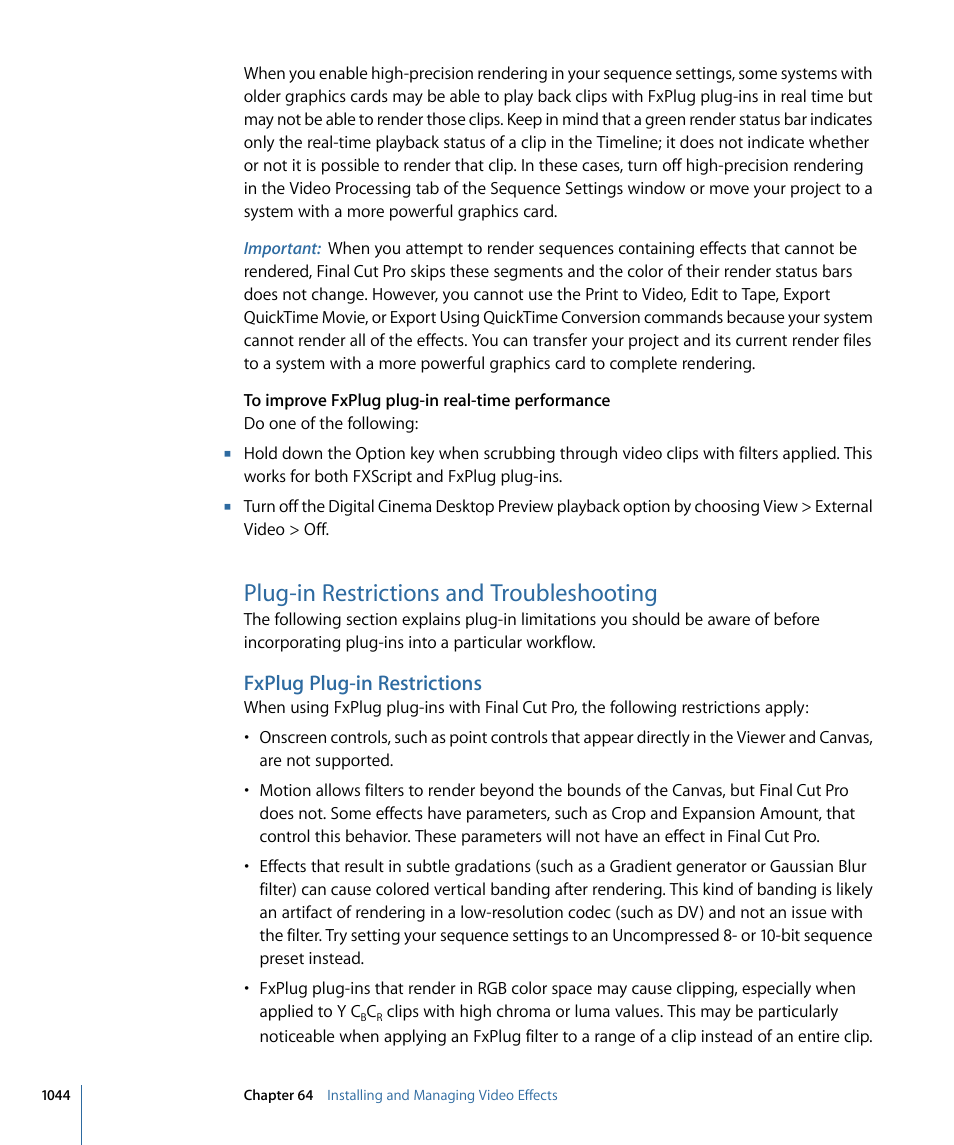 Plug-in restrictions and troubleshooting, Fxplug plug-in restrictions | Apple Final Cut Pro 7 User Manual | Page 1044 / 1990