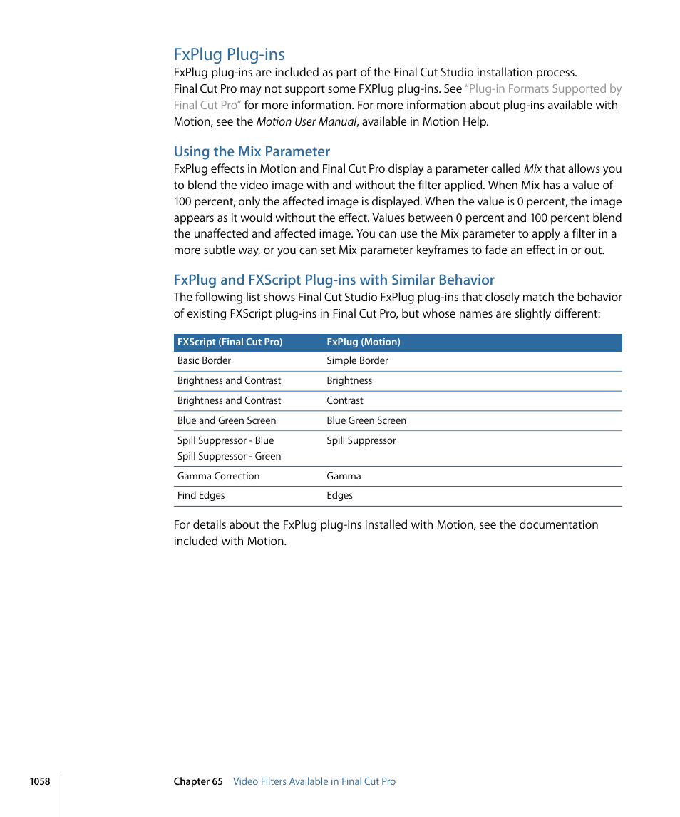 Fxplug plug-ins, Using the mix parameter, Fxplug and fxscript plug-ins with similar behavior | Apple Final Cut Pro 7 User Manual | Page 1058 / 1990