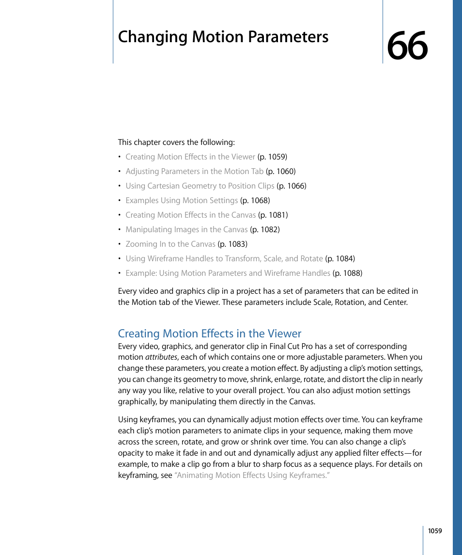 Changing motion parameters, Creating motion effects in the viewer | Apple Final Cut Pro 7 User Manual | Page 1059 / 1990