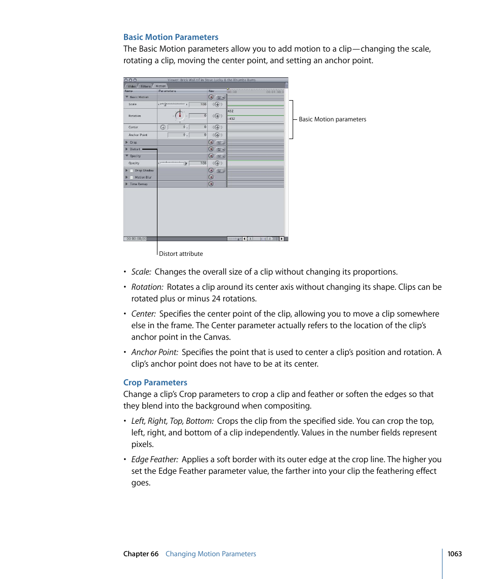 Basic motion parameters, Crop parameters | Apple Final Cut Pro 7 User Manual | Page 1063 / 1990