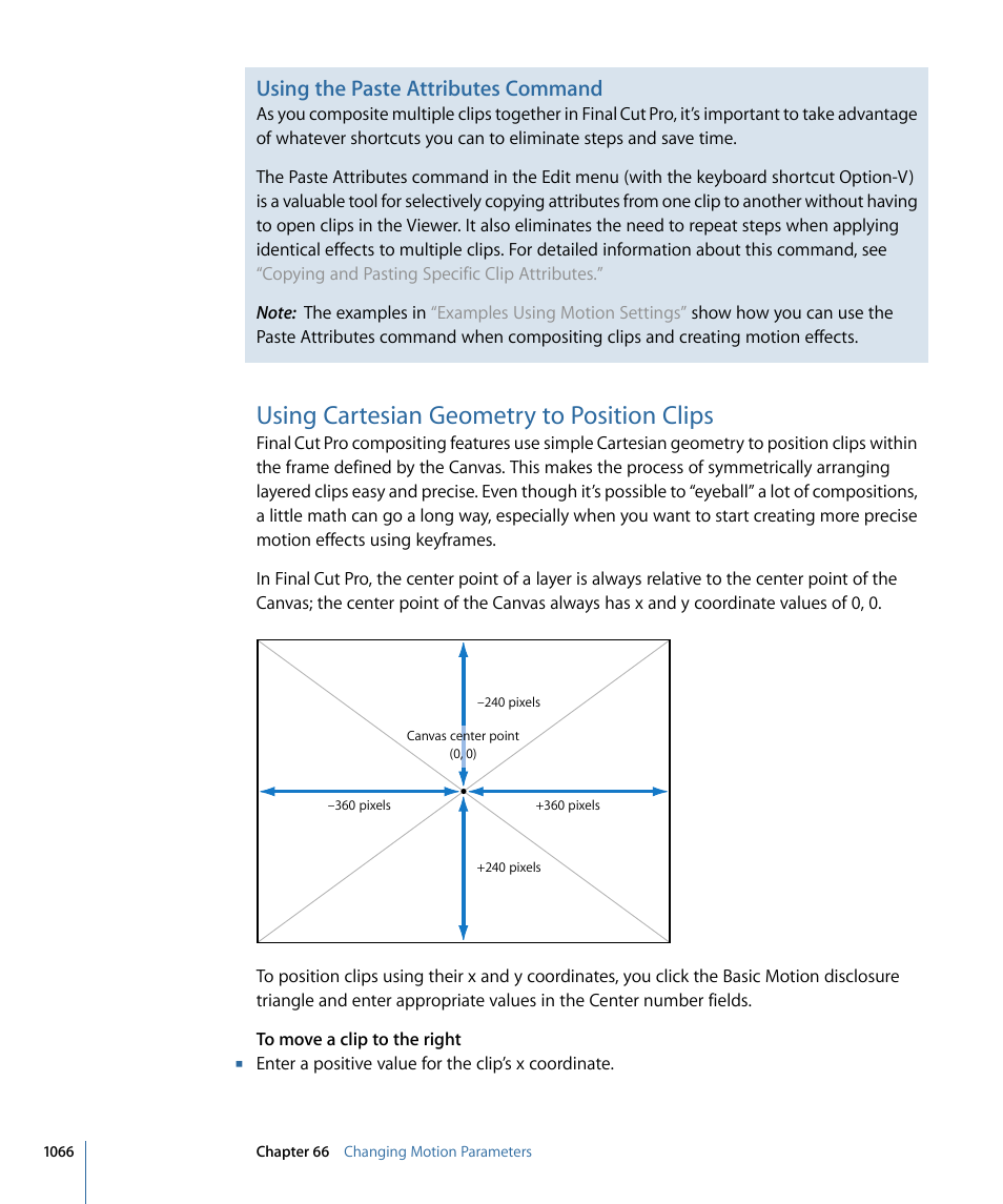 Using cartesian geometry to position clips, Using the paste attributes command | Apple Final Cut Pro 7 User Manual | Page 1066 / 1990