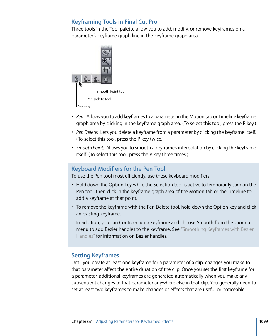 Keyframing tools in final cut pro, Setting keyframes, Keyboard modifiers for the pen tool | Apple Final Cut Pro 7 User Manual | Page 1099 / 1990