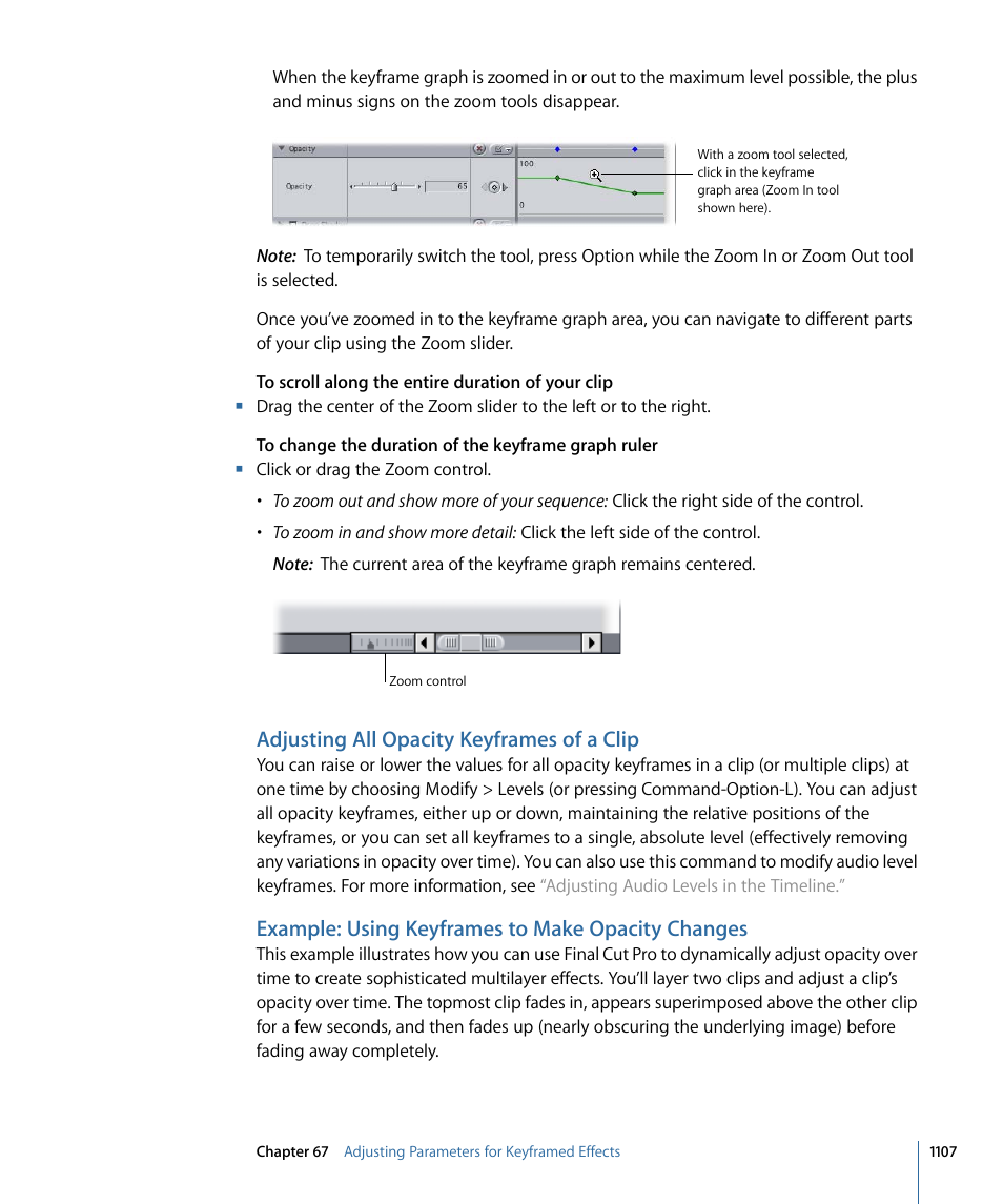 Adjusting all opacity keyframes of a clip, Example: using keyframes to make opacity changes | Apple Final Cut Pro 7 User Manual | Page 1107 / 1990