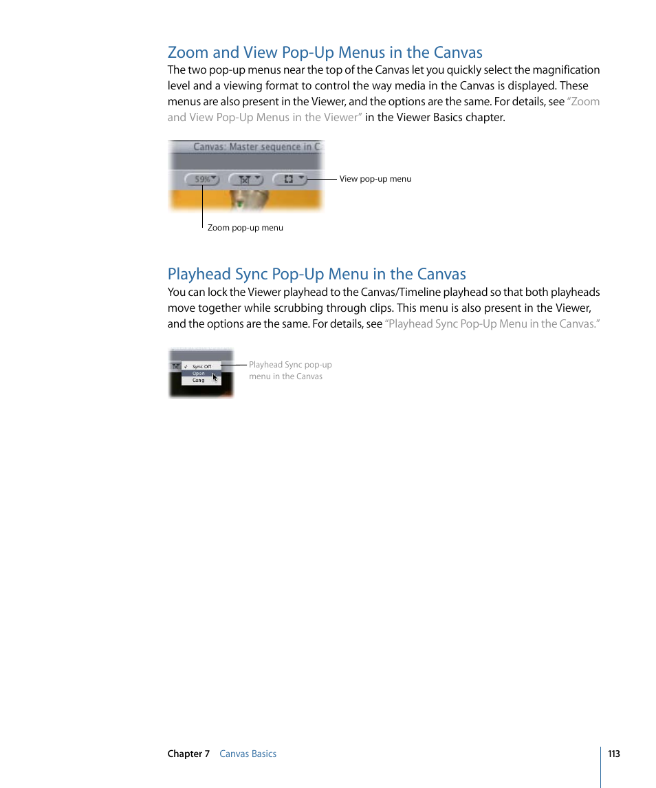 Zoom and view pop-up menus in the canvas, Playhead sync pop-up menu in the canvas | Apple Final Cut Pro 7 User Manual | Page 113 / 1990