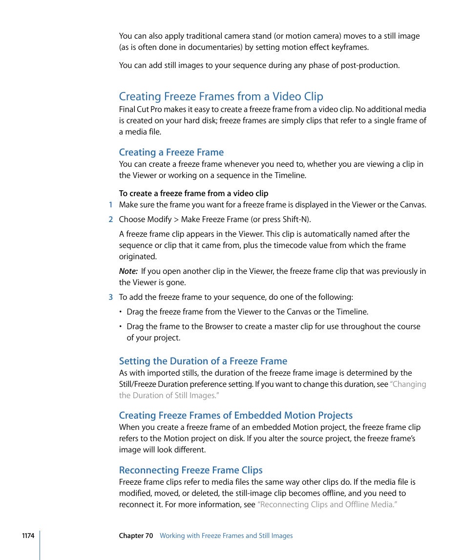 Creating freeze frames from a video clip, Creating a freeze frame, Setting the duration of a freeze frame | Creating freeze frames of embedded motion projects, Reconnecting freeze frame clips | Apple Final Cut Pro 7 User Manual | Page 1174 / 1990