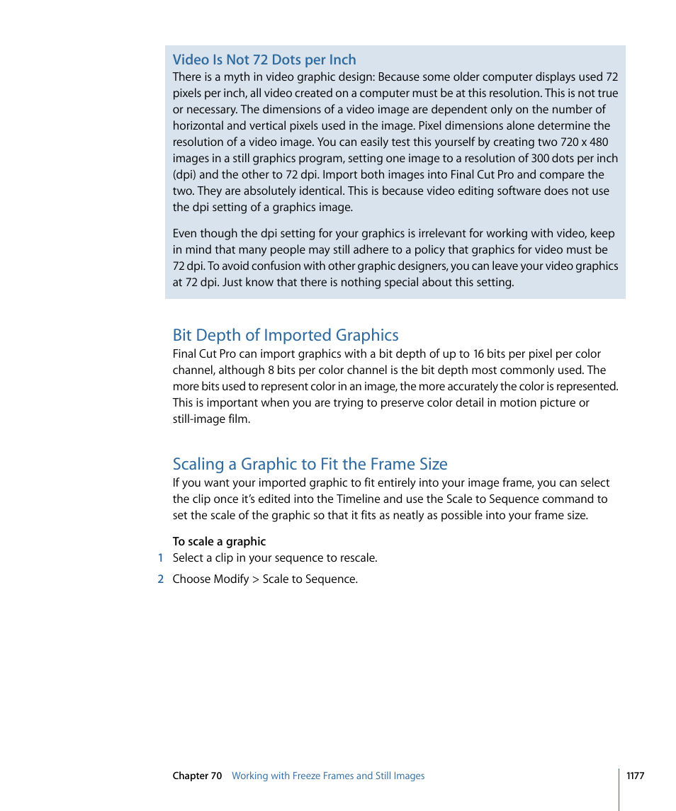 Bit depth of imported graphics, Scaling a graphic to fit the frame size | Apple Final Cut Pro 7 User Manual | Page 1177 / 1990