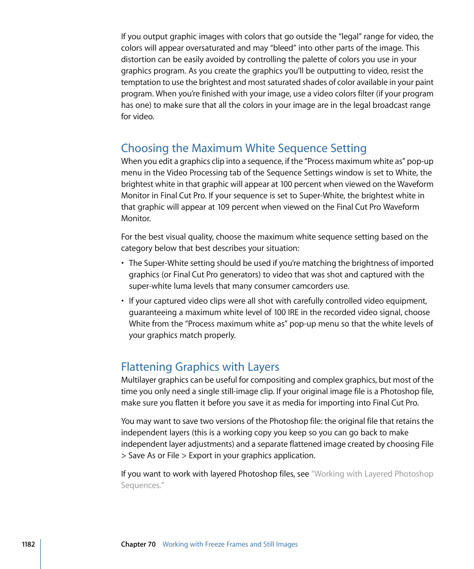 Choosing the maximum white sequence setting, Flattening graphics with layers | Apple Final Cut Pro 7 User Manual | Page 1182 / 1990