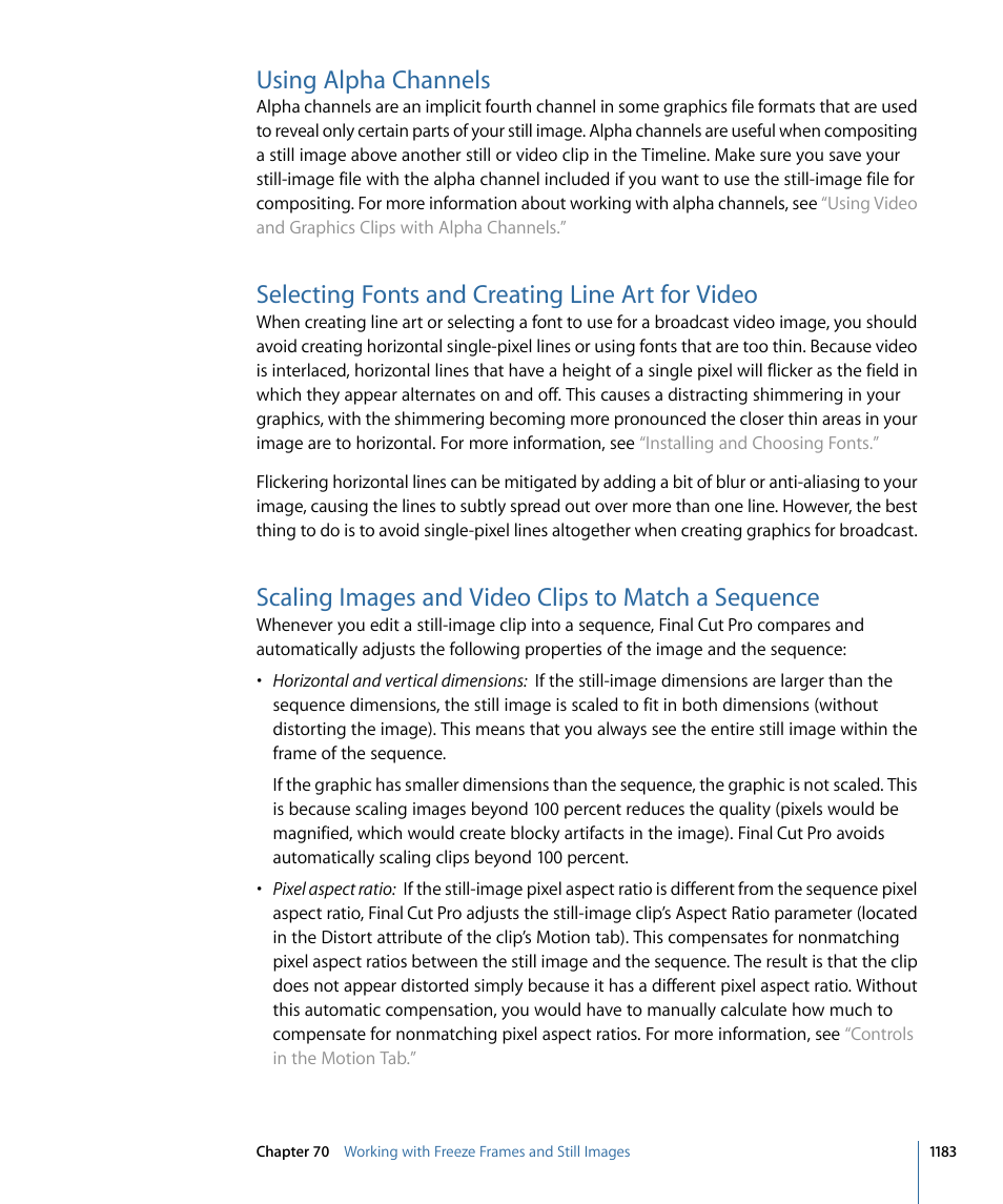 Using alpha channels, Selecting fonts and creating line art for video, Scaling images and video clips to match a sequence | Apple Final Cut Pro 7 User Manual | Page 1183 / 1990