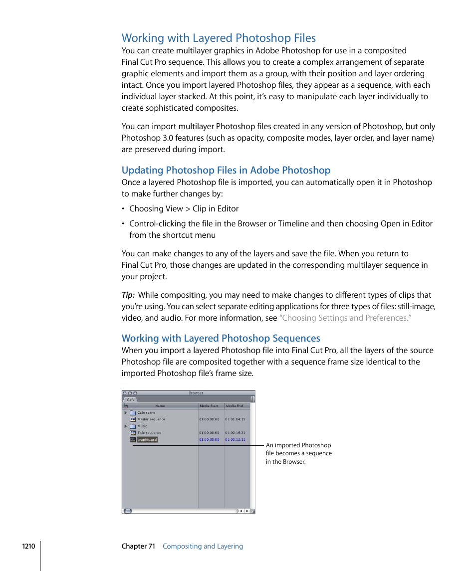 Working with layered photoshop files, Updating photoshop files in adobe photoshop, Working with layered photoshop sequences | Apple Final Cut Pro 7 User Manual | Page 1210 / 1990