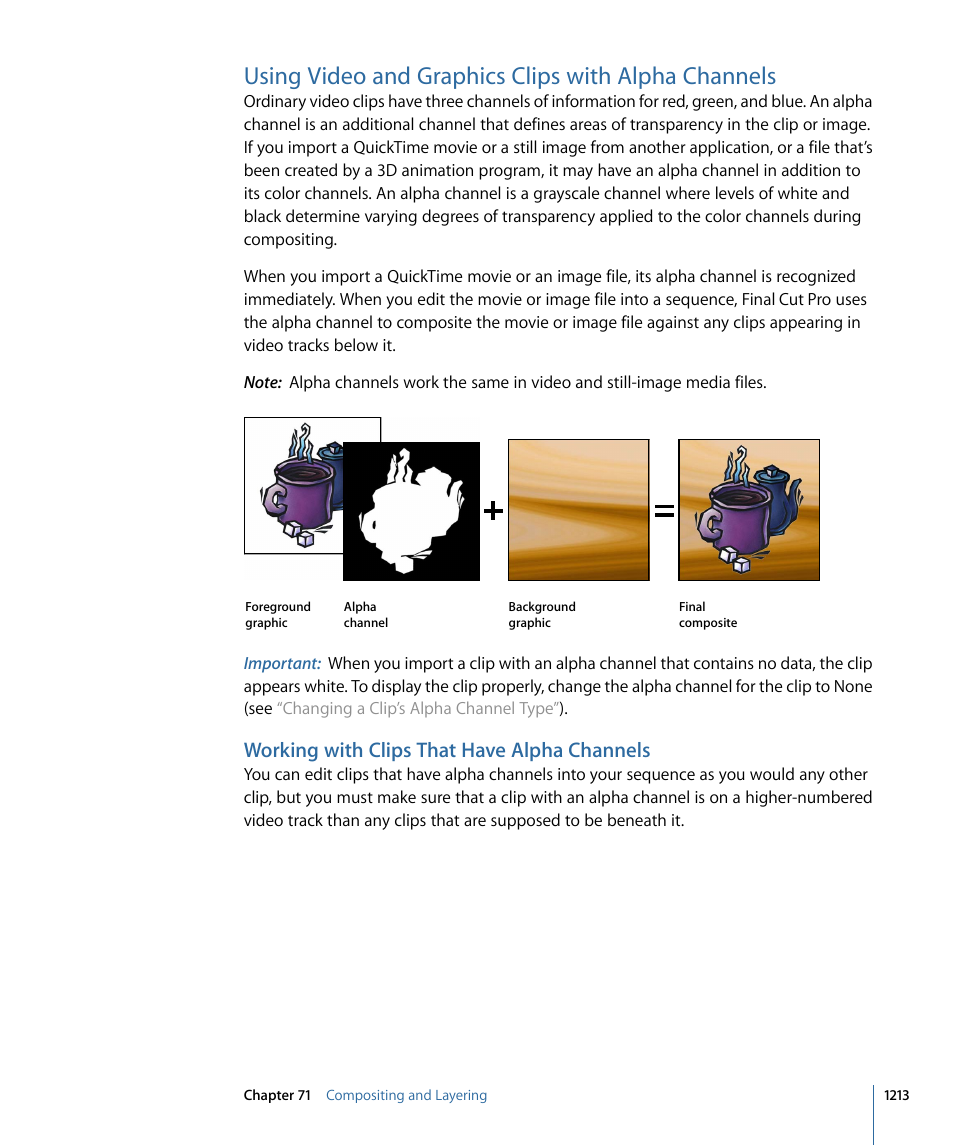 Using video and graphics clips with alpha channels, Working with clips that have alpha channels, Using video | And graphics clips with alpha channels | Apple Final Cut Pro 7 User Manual | Page 1213 / 1990