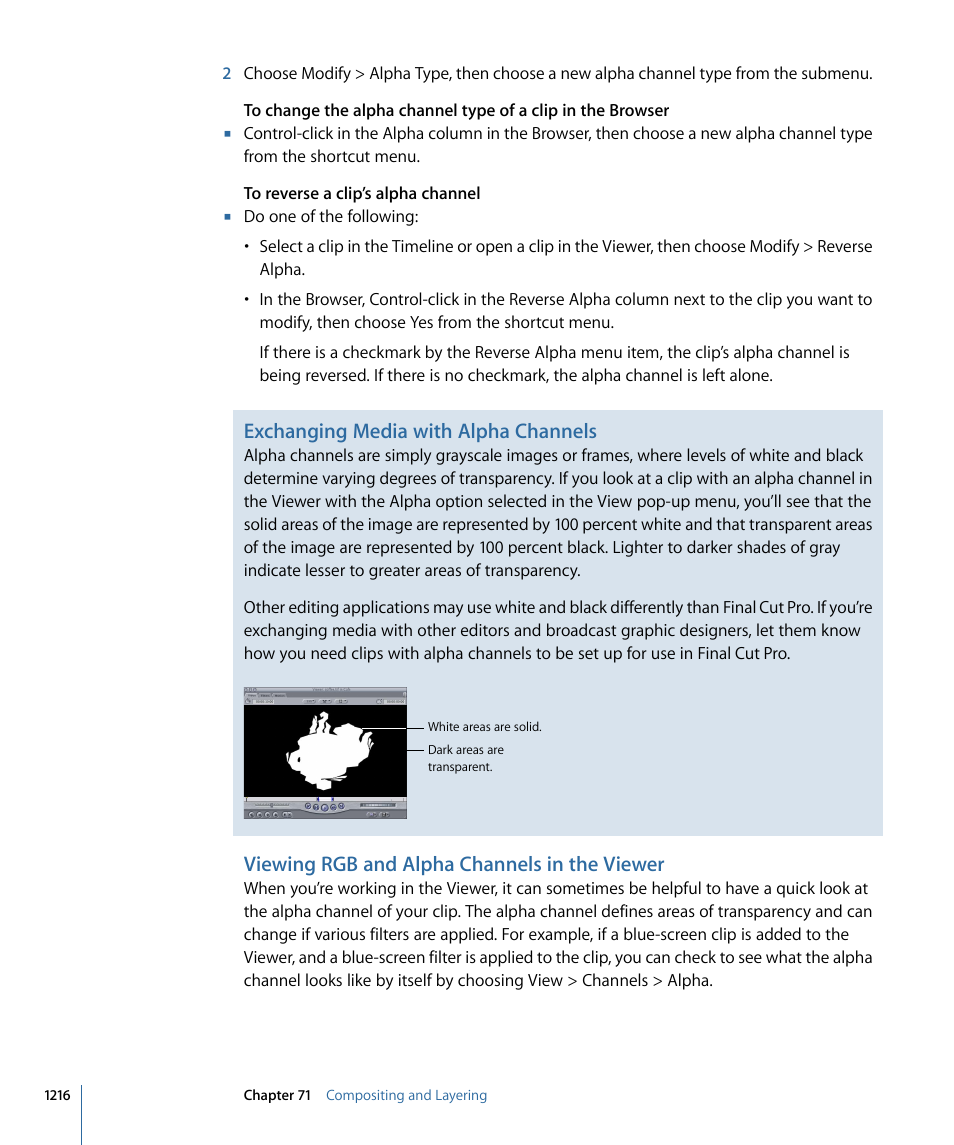 Viewing rgb and alpha channels in the viewer, Exchanging media with alpha channels | Apple Final Cut Pro 7 User Manual | Page 1216 / 1990