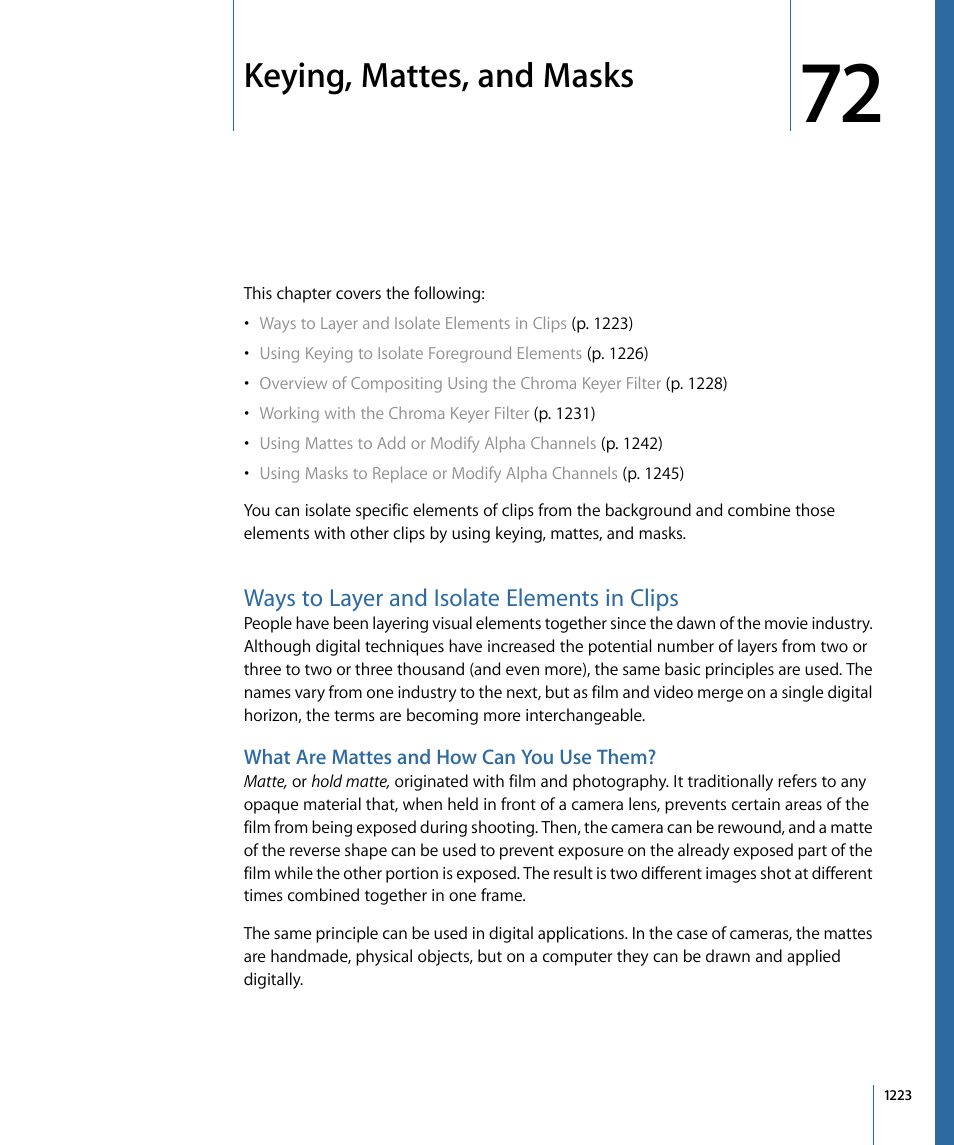 Keying, mattes, and masks, Ways to layer and isolate elements in clips, What are mattes and how can you use them | Apple Final Cut Pro 7 User Manual | Page 1223 / 1990