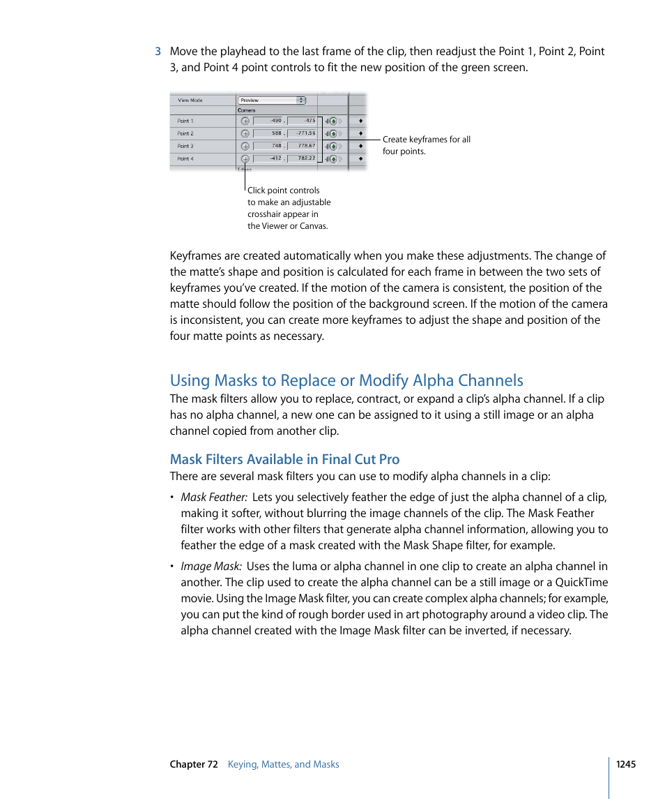 Using masks to replace or modify alpha channels, Mask filters available in final cut pro | Apple Final Cut Pro 7 User Manual | Page 1245 / 1990