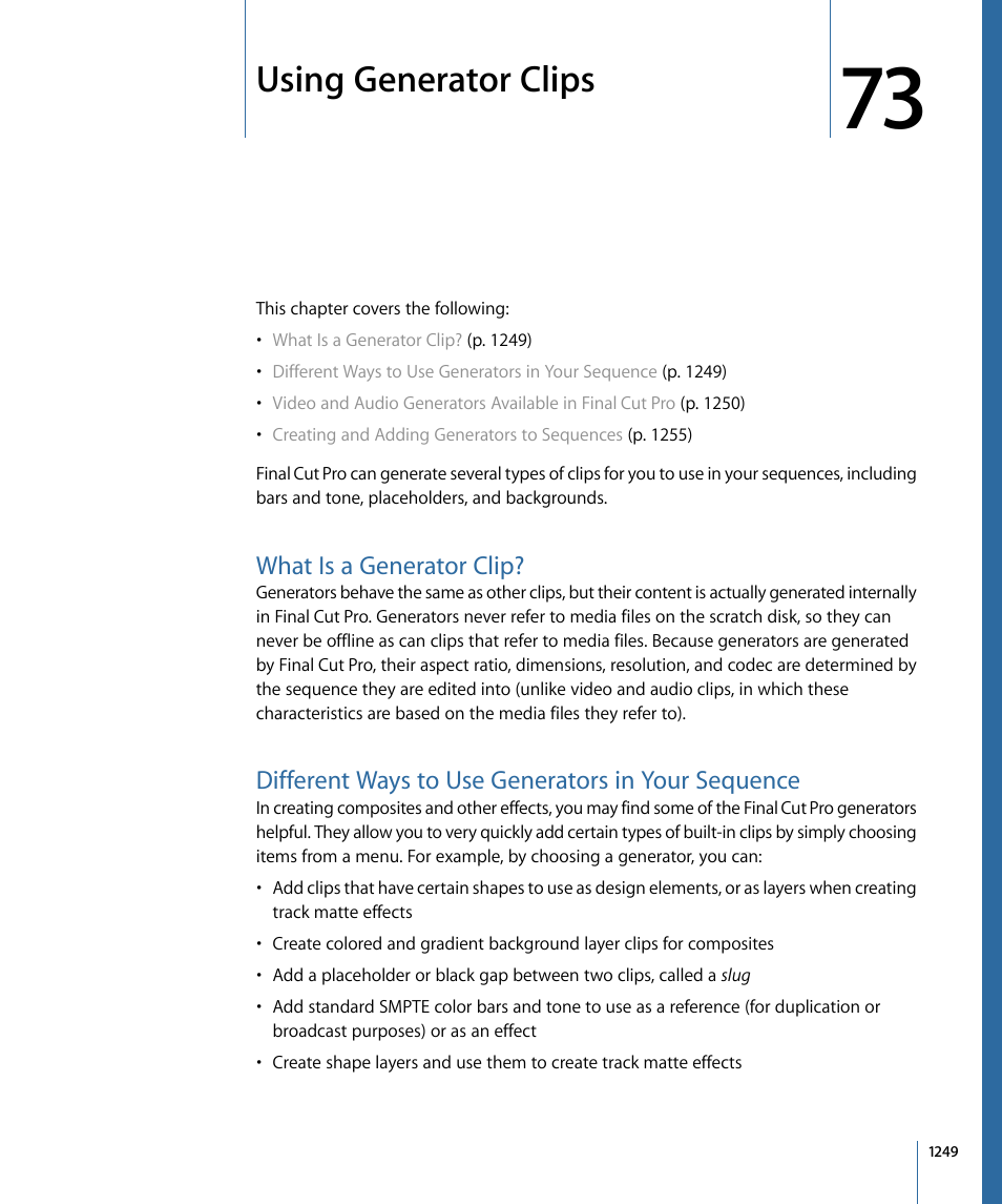 Using generator clips, What is a generator clip, Different ways to use generators in your sequence | Using generator, Clips | Apple Final Cut Pro 7 User Manual | Page 1249 / 1990