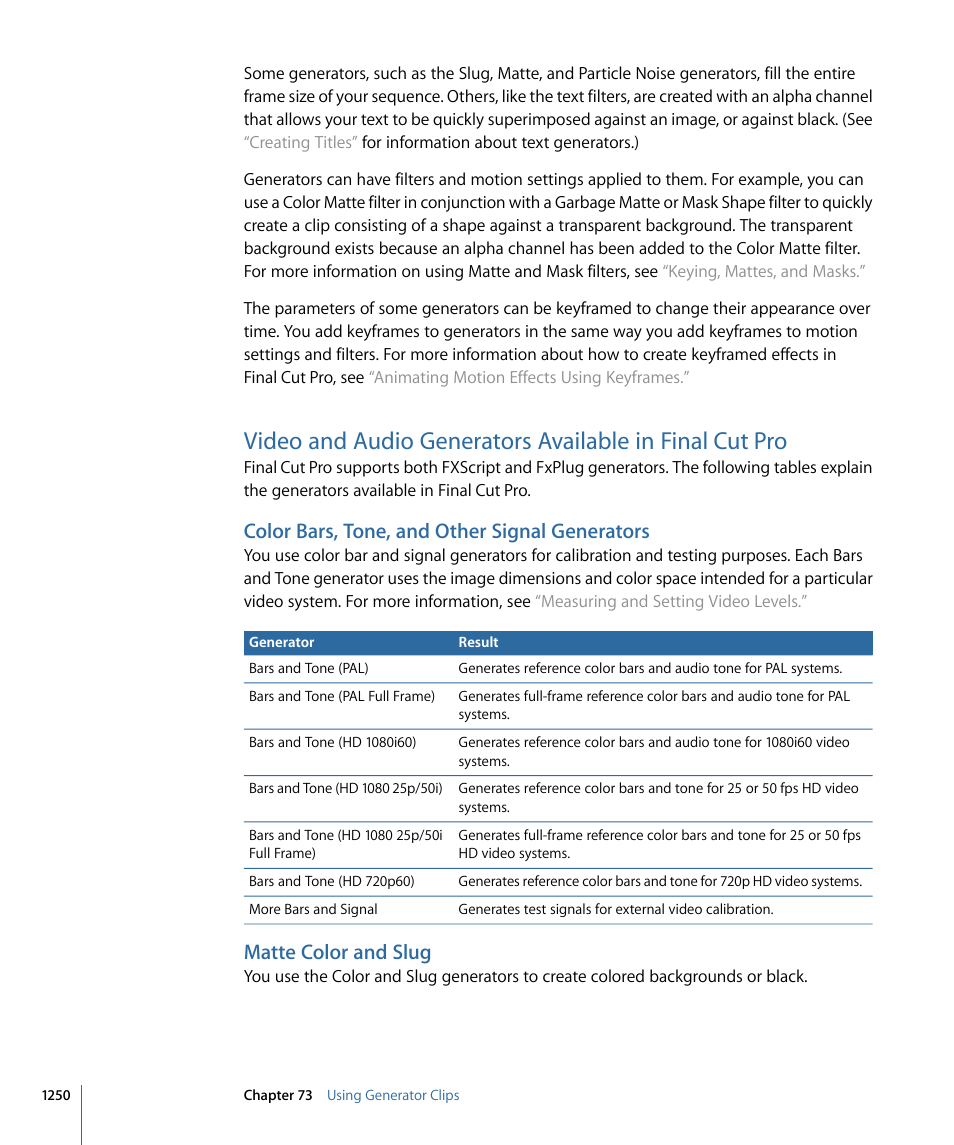 Color bars, tone, and other signal generators, Matte color and slug | Apple Final Cut Pro 7 User Manual | Page 1250 / 1990