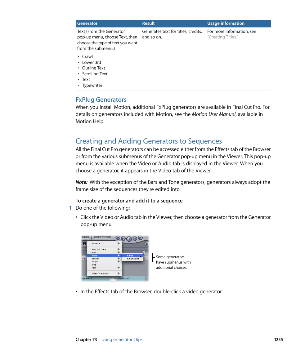 Fxplug generators, Creating and adding generators to sequences | Apple Final Cut Pro 7 User Manual | Page 1255 / 1990