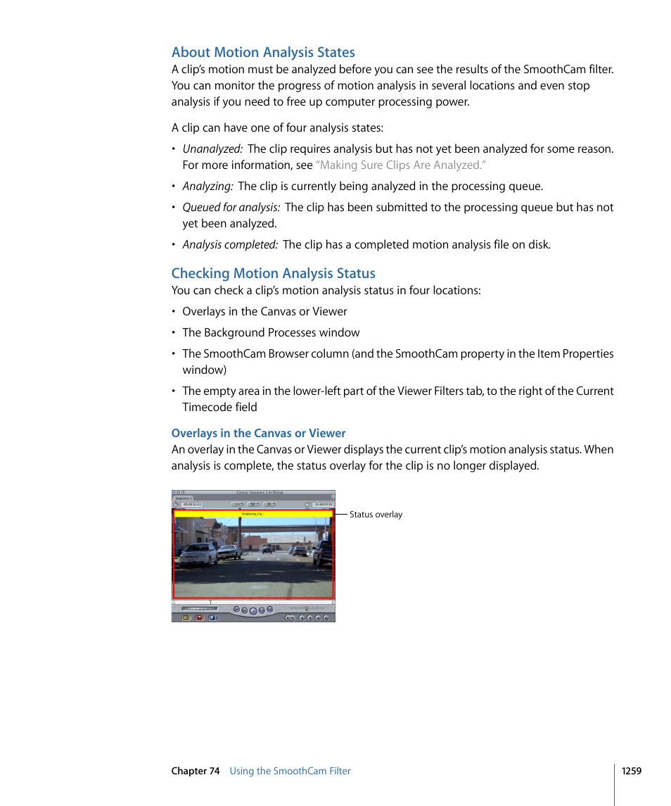 About motion analysis states, Checking motion analysis status, Overlays in the canvas or viewer | Apple Final Cut Pro 7 User Manual | Page 1259 / 1990