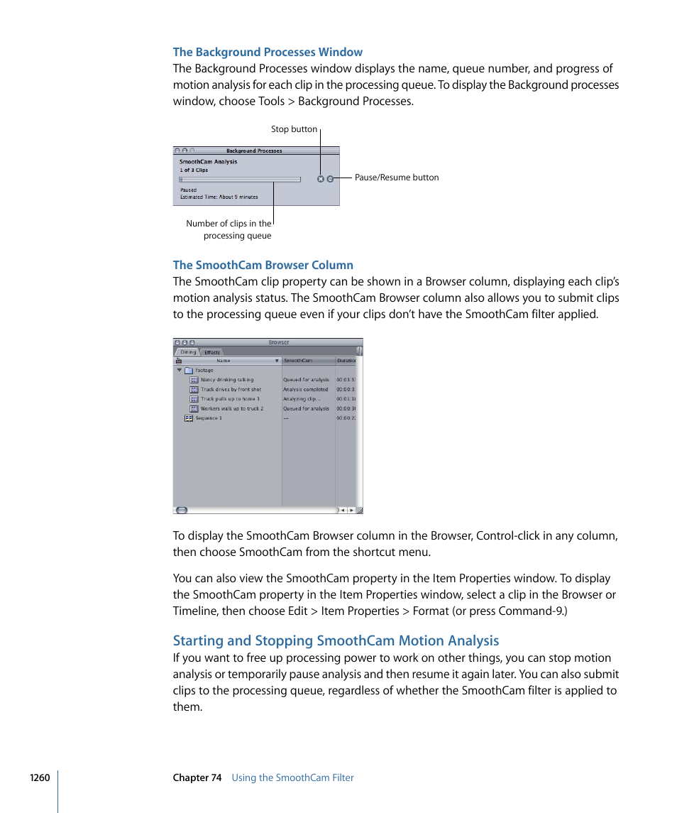 The background processes window, The smoothcam browser column, Starting and stopping smoothcam motion analysis | Apple Final Cut Pro 7 User Manual | Page 1260 / 1990