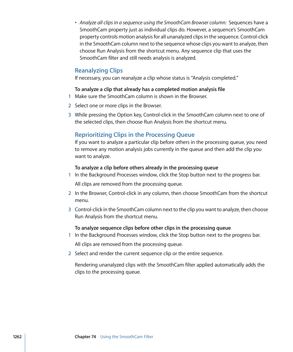 Reanalyzing clips, Reprioritizing clips in the processing queue | Apple Final Cut Pro 7 User Manual | Page 1262 / 1990