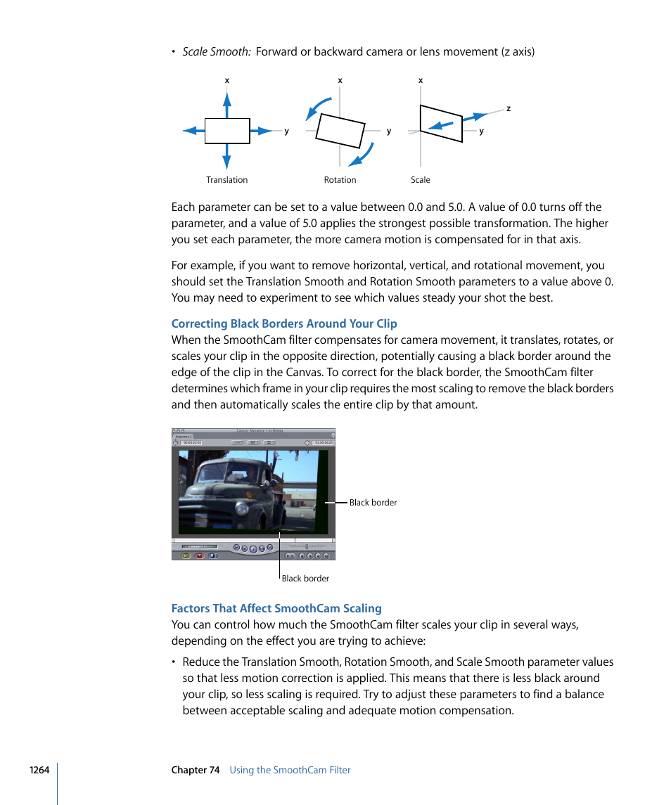 Correcting black borders around your clip, Factors that affect smoothcam scaling | Apple Final Cut Pro 7 User Manual | Page 1264 / 1990