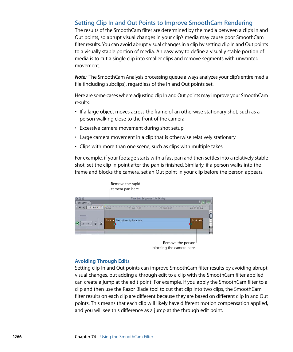 Avoiding through edits, Setting clip in and out points to improve, Smoothcam rendering | Apple Final Cut Pro 7 User Manual | Page 1266 / 1990