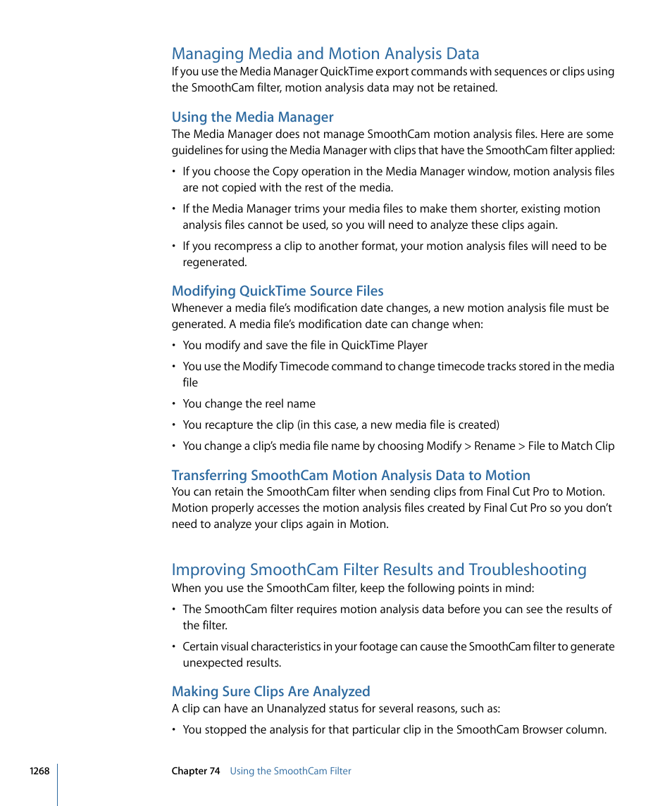 Managing media and motion analysis data, Using the media manager, Modifying quicktime source files | Making sure clips are analyzed | Apple Final Cut Pro 7 User Manual | Page 1268 / 1990