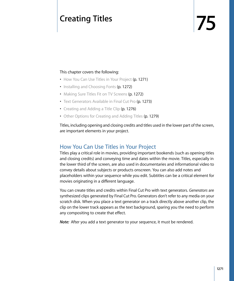 Creating titles, How you can use titles in your project | Apple Final Cut Pro 7 User Manual | Page 1271 / 1990