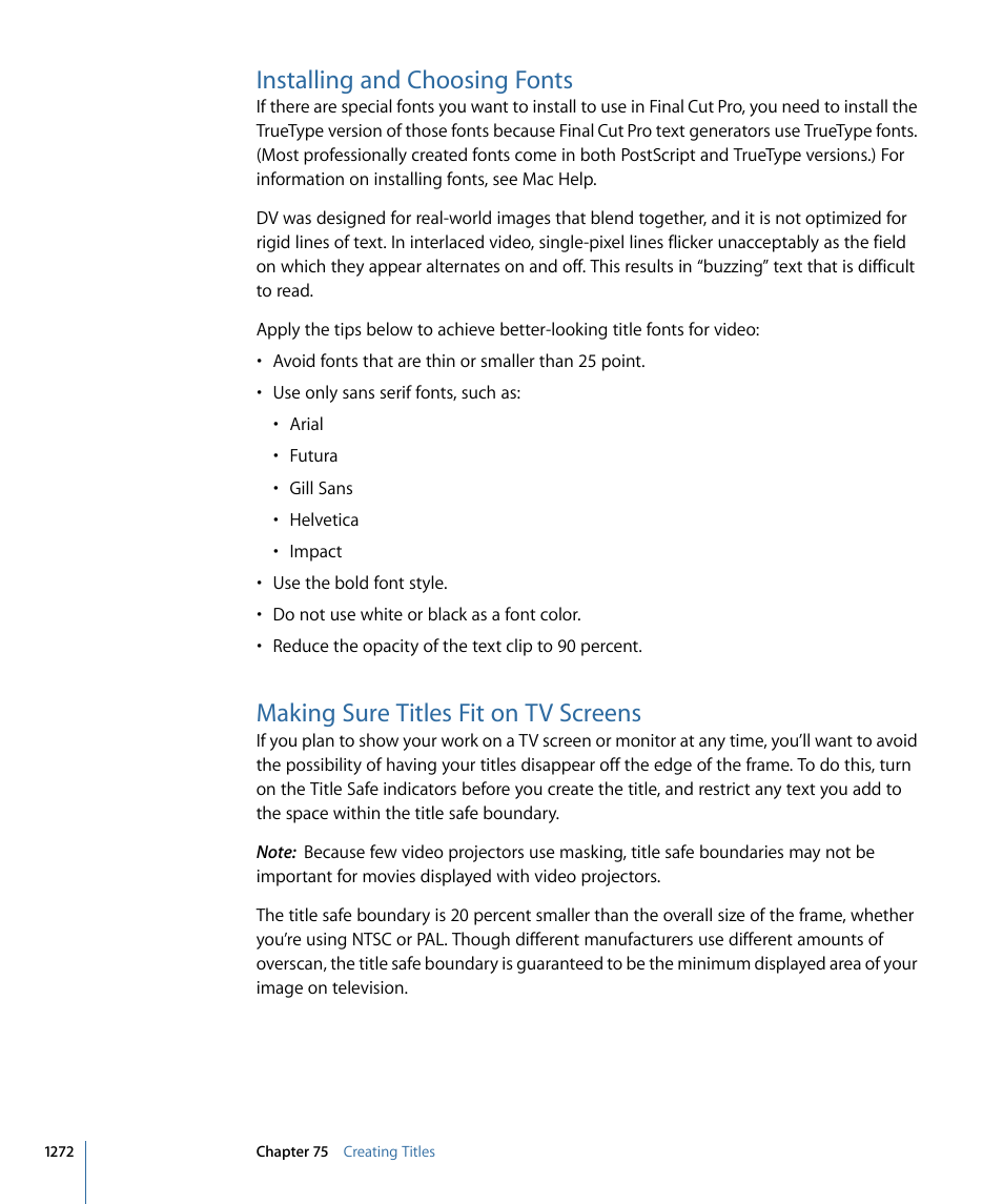 Installing and choosing fonts, Making sure titles fit on tv screens | Apple Final Cut Pro 7 User Manual | Page 1272 / 1990