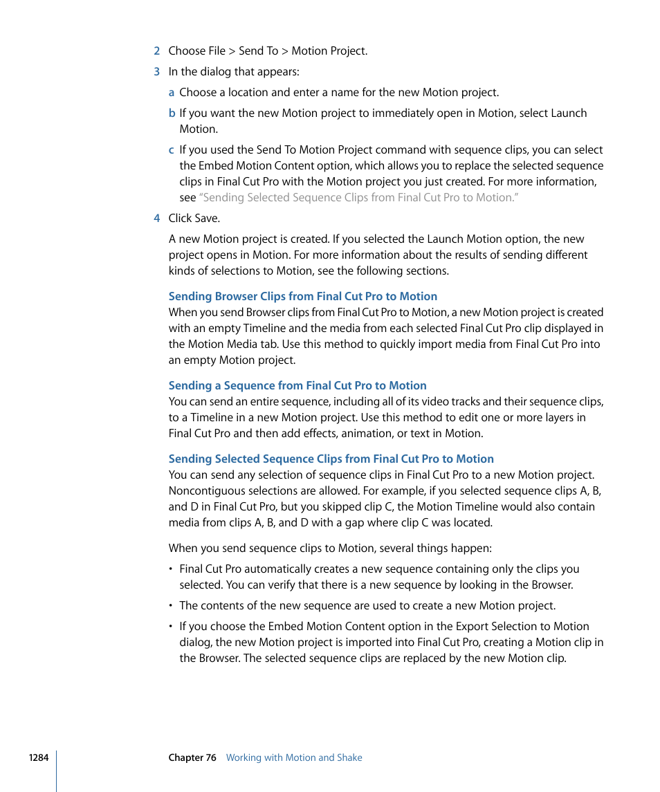 Sending browser clips from final cut pro to motion, Sending a sequence from final cut pro to motion | Apple Final Cut Pro 7 User Manual | Page 1284 / 1990
