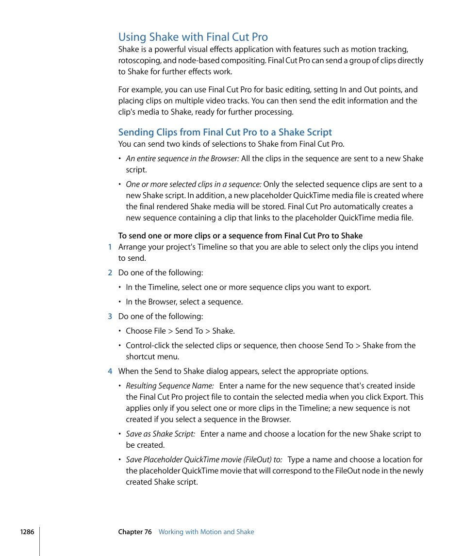 Using shake with final cut pro, Sending clips from final cut pro to a shake script | Apple Final Cut Pro 7 User Manual | Page 1286 / 1990