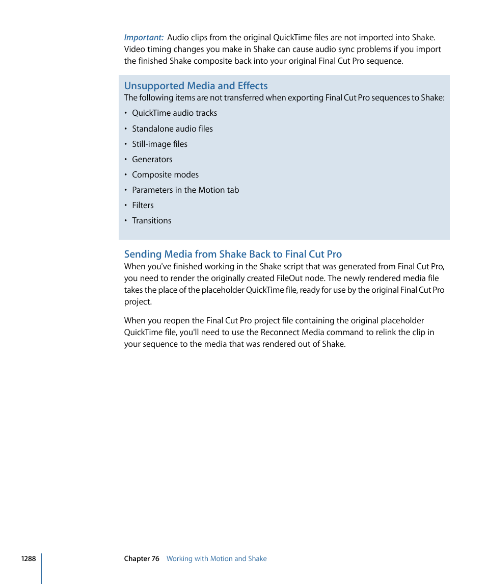 Sending media from shake back to final cut pro, Unsupported media and effects | Apple Final Cut Pro 7 User Manual | Page 1288 / 1990