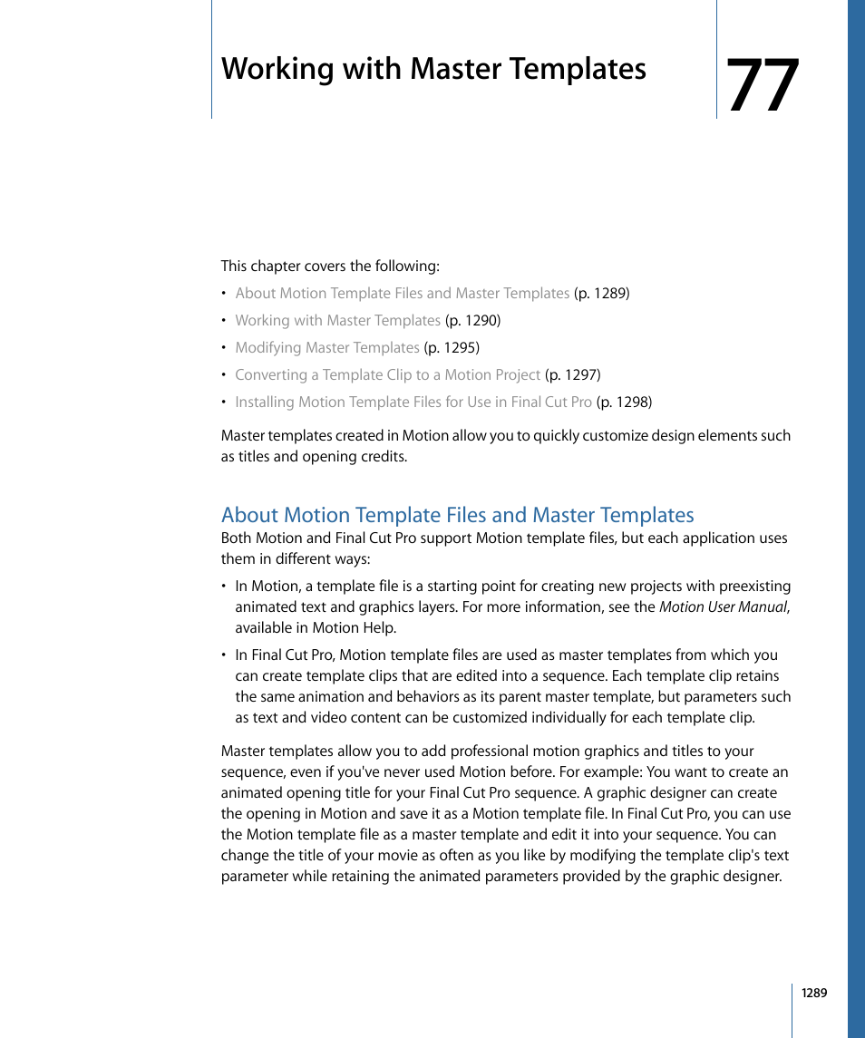 Working with master templates, About motion template files and master templates | Apple Final Cut Pro 7 User Manual | Page 1289 / 1990