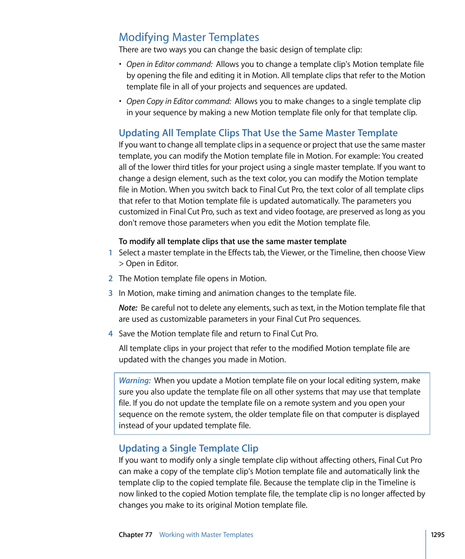 Modifying master templates, Updating a single template clip | Apple Final Cut Pro 7 User Manual | Page 1295 / 1990