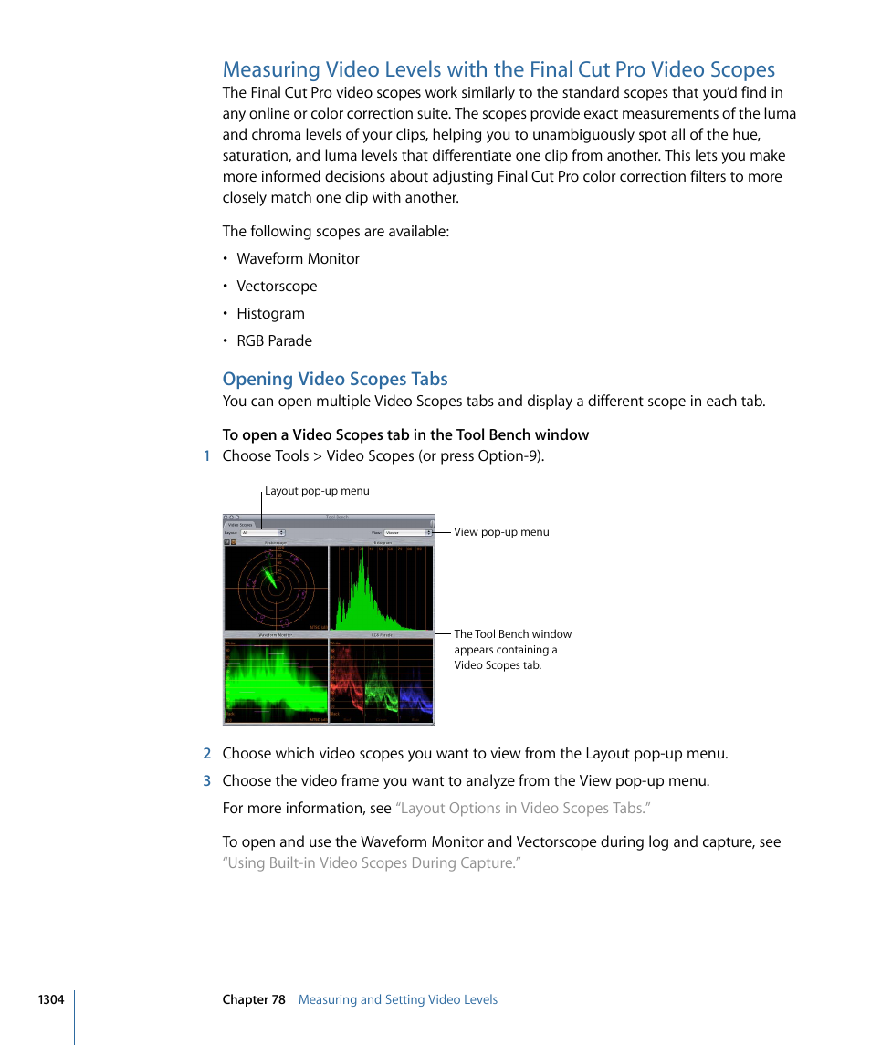 Opening video scopes tabs | Apple Final Cut Pro 7 User Manual | Page 1304 / 1990