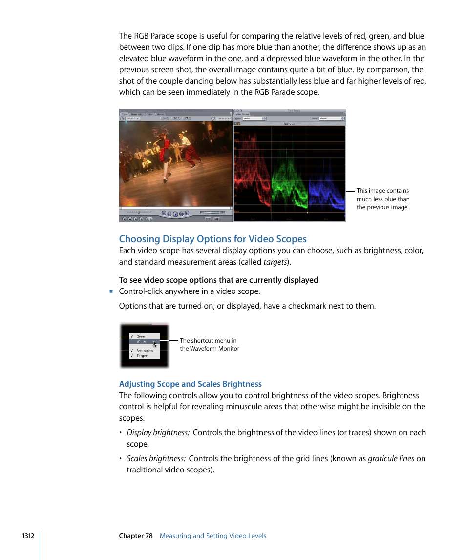 Choosing display options for video scopes, Adjusting scope and scales brightness | Apple Final Cut Pro 7 User Manual | Page 1312 / 1990