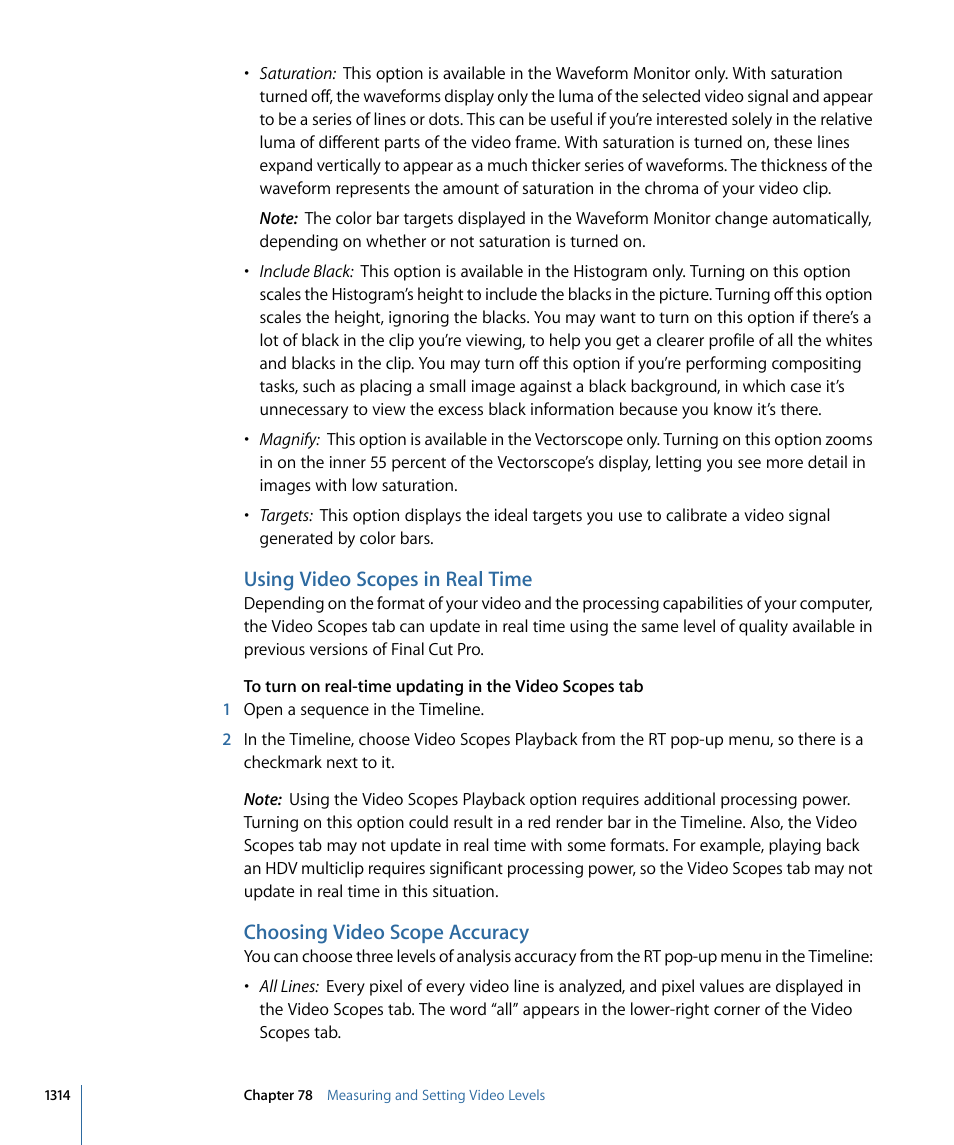 Using video scopes in real time, Choosing video scope accuracy | Apple Final Cut Pro 7 User Manual | Page 1314 / 1990